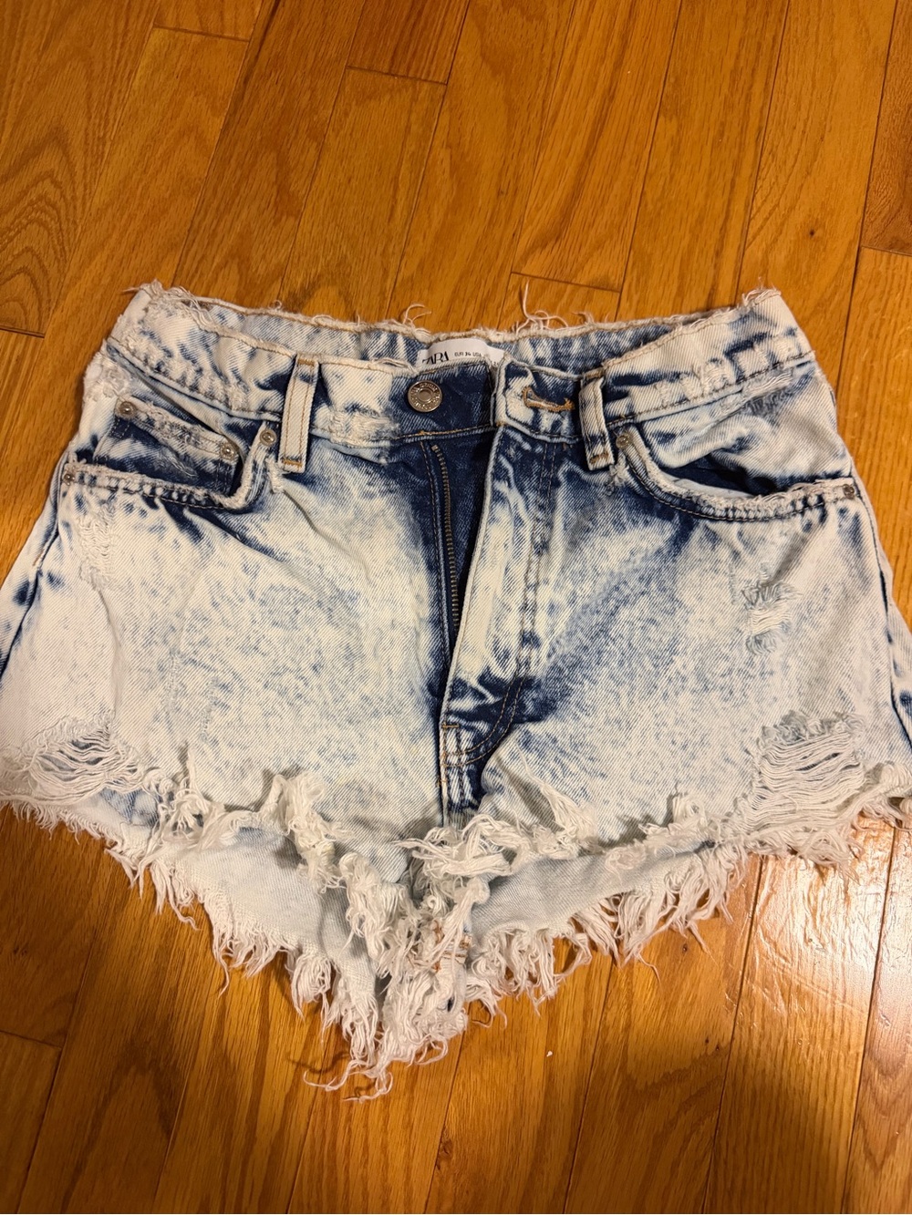 Zara Light Blue Acid Wash Frayed Denim Shorts